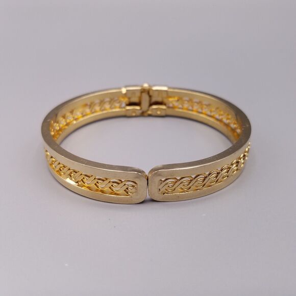 Bracelet Hinged Cuff Gold Tone Open Work Scroll Weave Unisex Clamper - Picture 1 of 6